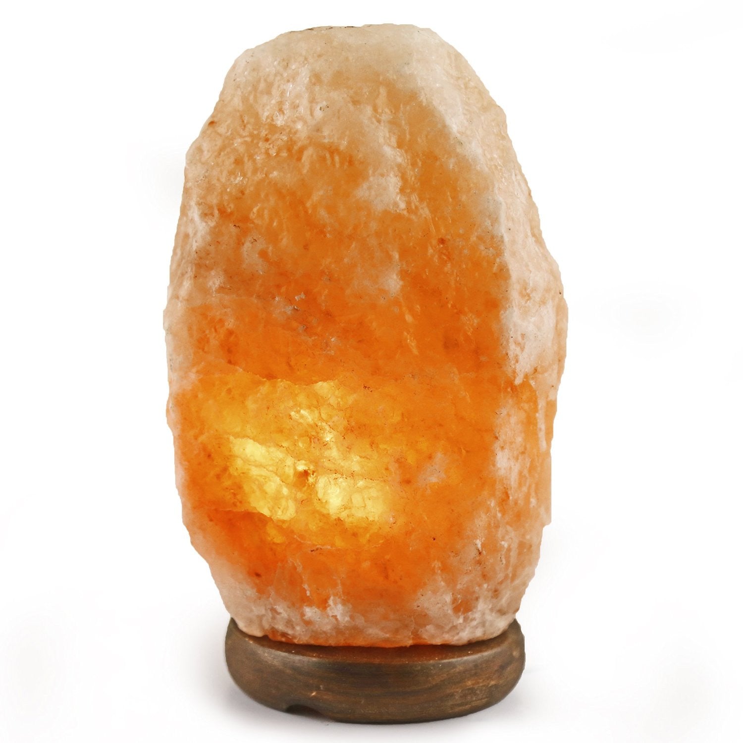 natural Himalayan salt lamp with wood base on white background Negative Ion Store