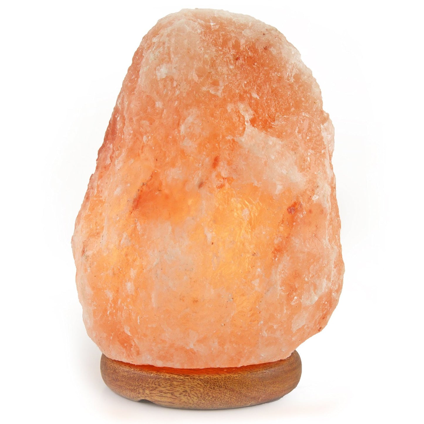side view natural Himalayan salt lamp with wood base on white background Negative Ion Store